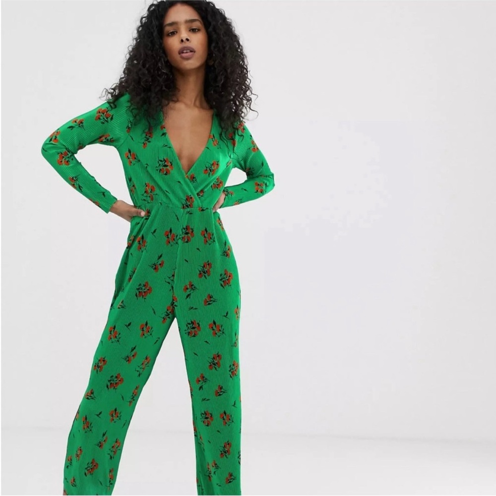 ASOS green and red floral plisse jumpsuit